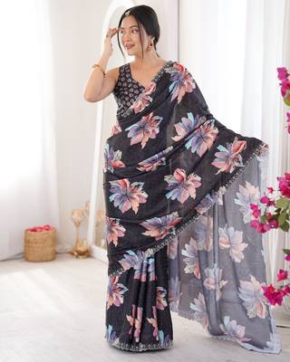 black silk blend digital printed saree with swarovski diamond work & blouse piece 1