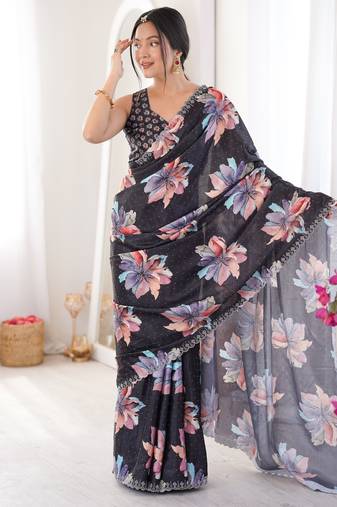 black silk blend digital printed saree with swarovski diamond work & blouse piece