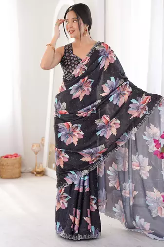 black silk blend digital printed saree with swarovski diamond work & blouse piece