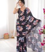 black silk blend digital printed saree with swarovski diamond work & blouse piece