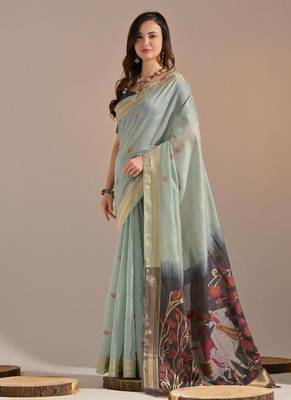 Sky blue color muga cotton colorfull resham weaving saree 1