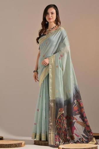Sky blue color muga cotton colorfull resham weaving saree