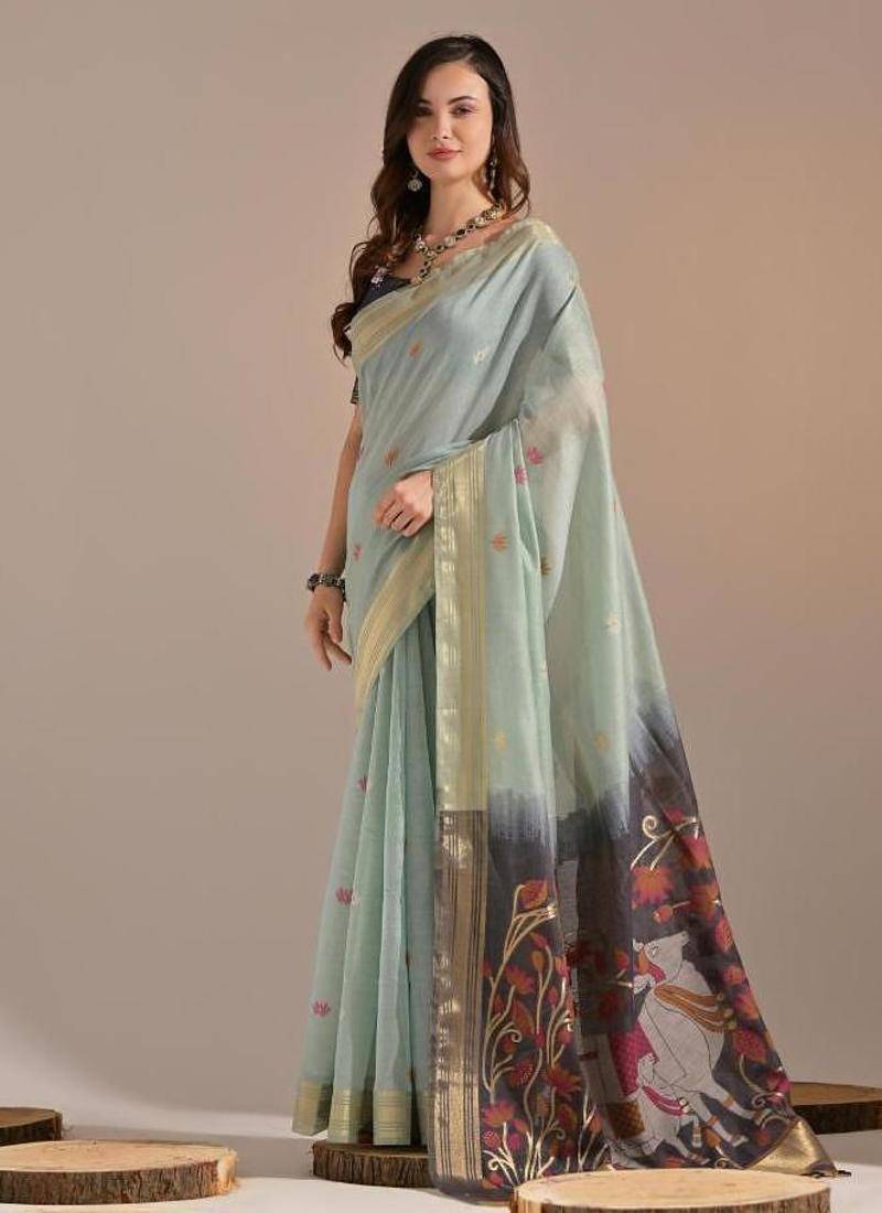 Sky blue color muga cotton colorfull resham weaving saree