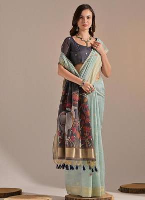 Sky blue color muga cotton colorfull resham weaving saree 2