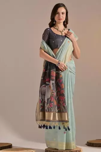 Sky blue color muga cotton colorfull resham weaving saree