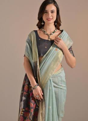 Sky blue color muga cotton colorfull resham weaving saree 3