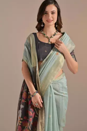 Sky blue color muga cotton colorfull resham weaving saree