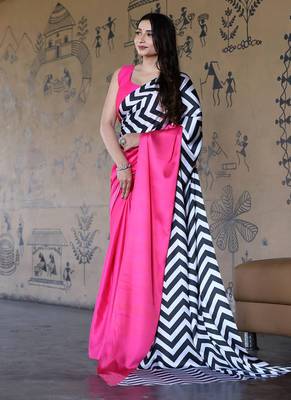 Pink original japan satin saree with digital print blouse 2