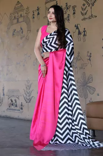 Pink original japan satin saree with digital print blouse