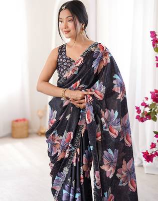 black silk blend digital printed saree with swarovski diamond work & blouse piece 2