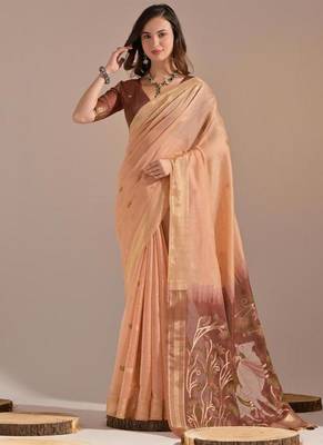 Peach color muga cotton colorfull resham weaving saree 1