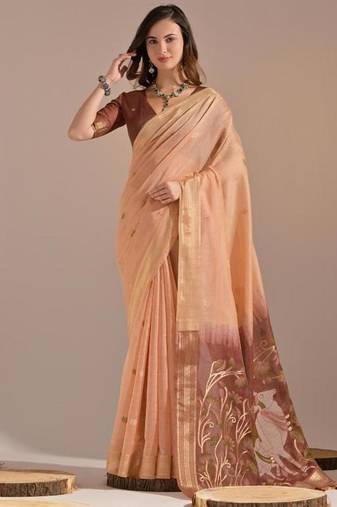 Peach color muga cotton colorfull resham weaving saree