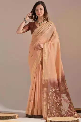 Peach color muga cotton colorfull resham weaving saree