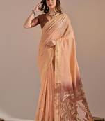 Peach color muga cotton colorfull resham weaving saree