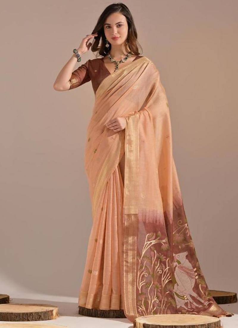 Peach color muga cotton colorfull resham weaving saree