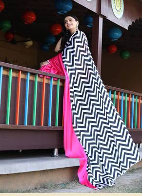 Pink original japan satin saree with digital print blouse 3