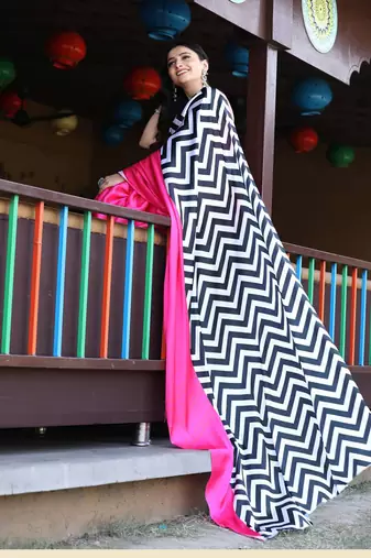 Pink original japan satin saree with digital print blouse