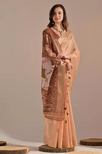 Peach color muga cotton colorfull resham weaving saree
