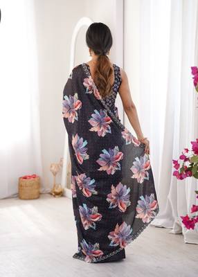 black silk blend digital printed saree with swarovski diamond work & blouse piece 3
