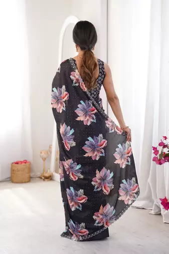 black silk blend digital printed saree with swarovski diamond work & blouse piece