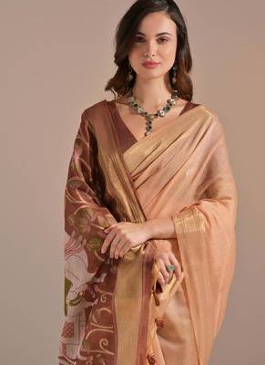 Peach color muga cotton colorfull resham weaving saree 3