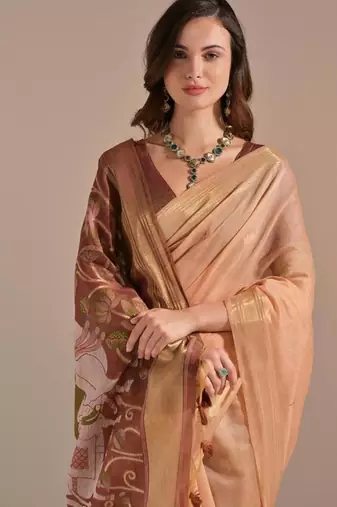 Peach color muga cotton colorfull resham weaving saree
