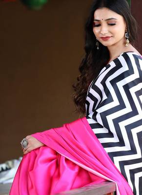 Pink original japan satin saree with digital print blouse 4