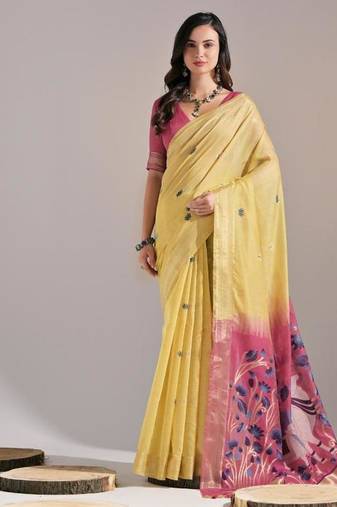 Yellow color muga cotton colorfull resham weaving saree