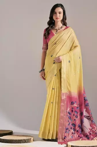 Yellow color muga cotton colorfull resham weaving saree