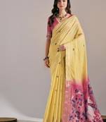 Yellow color muga cotton colorfull resham weaving saree