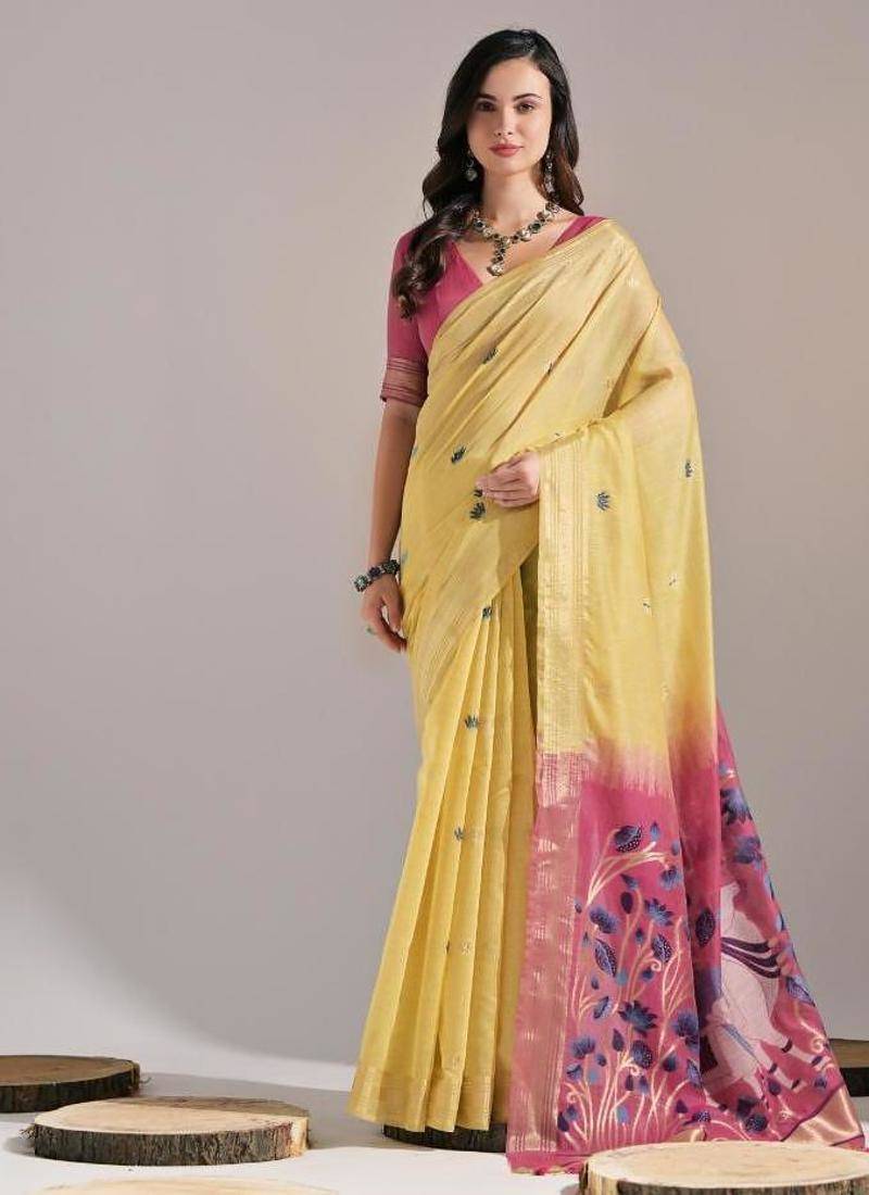 Yellow color muga cotton colorfull resham weaving saree