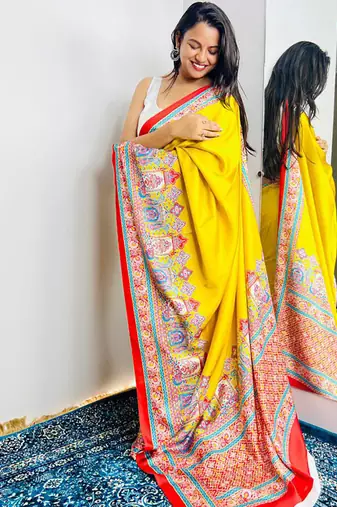 Yellow original japan devsena satin saree japan satin digital print blouse