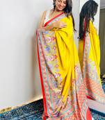 Yellow original japan devsena satin saree japan satin digital print blouse