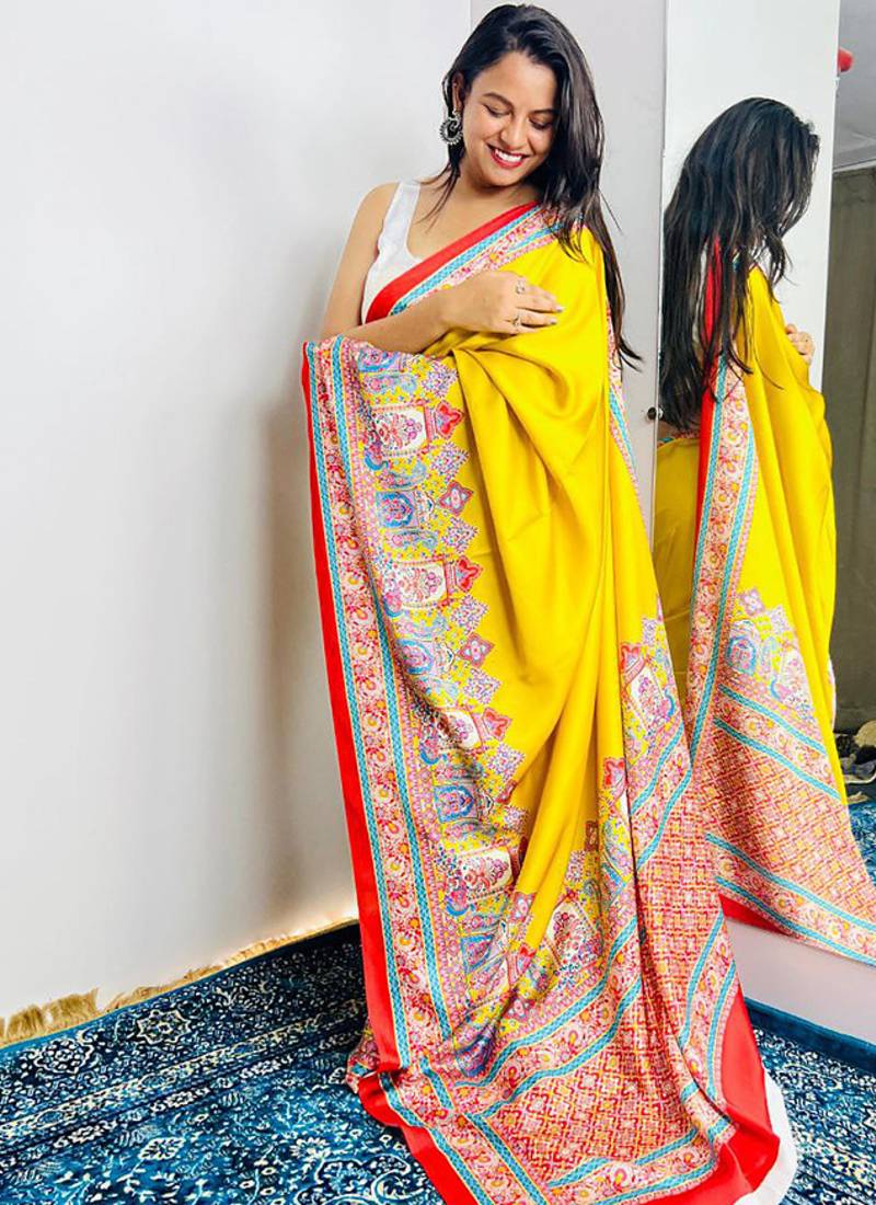 Yellow original japan devsena satin saree japan satin digital print blouse
