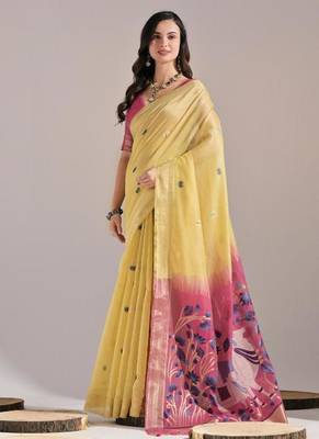 Yellow color muga cotton colorfull resham weaving saree 2