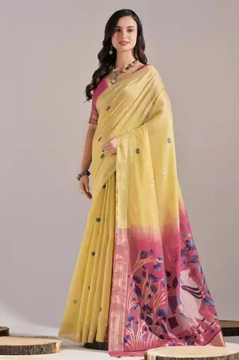 Yellow color muga cotton colorfull resham weaving saree