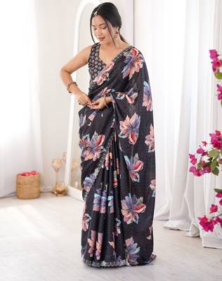black silk blend digital printed saree with swarovski diamond work & blouse piece 4