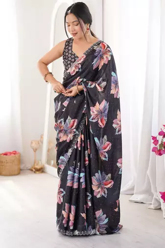 black silk blend digital printed saree with swarovski diamond work & blouse piece