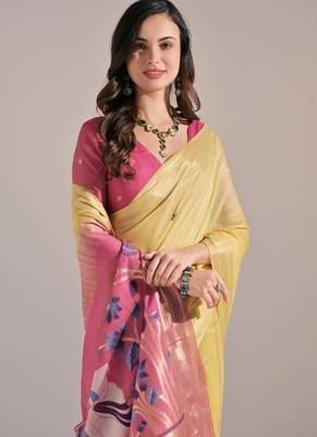 Yellow color muga cotton colorfull resham weaving saree 3