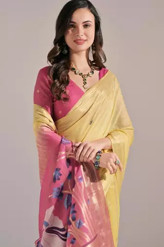 Yellow color muga cotton colorfull resham weaving saree