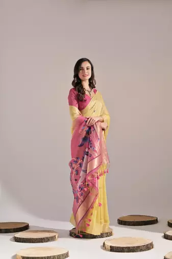 Yellow color muga cotton colorfull resham weaving saree