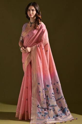Pink color muga cotton colorfull resham weaving saree