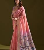 Pink color muga cotton colorfull resham weaving saree