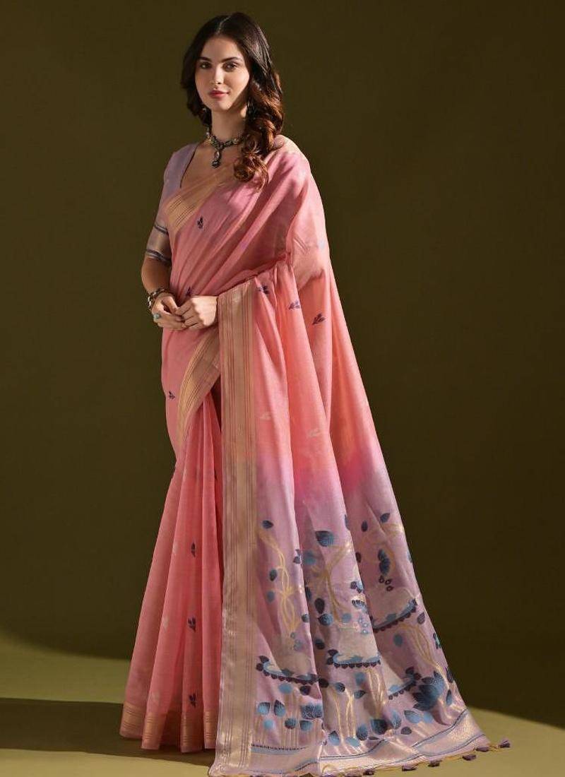 Pink color muga cotton colorfull resham weaving saree