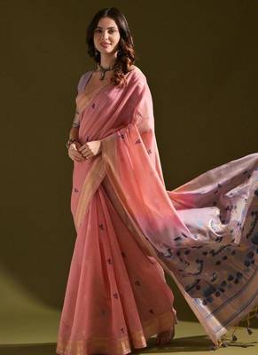 Pink muga cotton full resham weaving saree 2