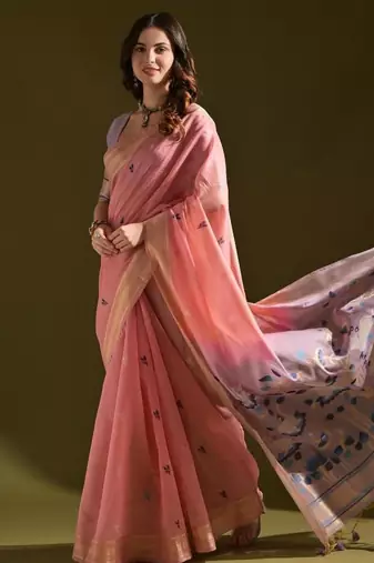 Pink color muga cotton colorfull resham weaving saree