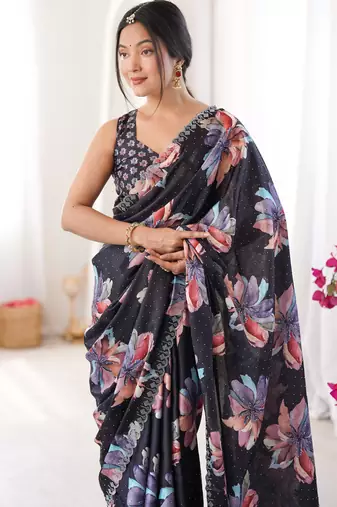 black silk blend digital printed saree with swarovski diamond work & blouse piece