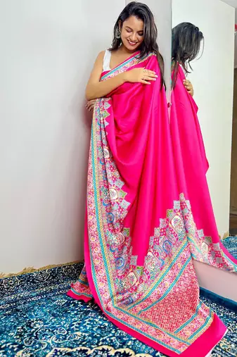 Magenta original japan devsena satin saree japan satin digital print blouse