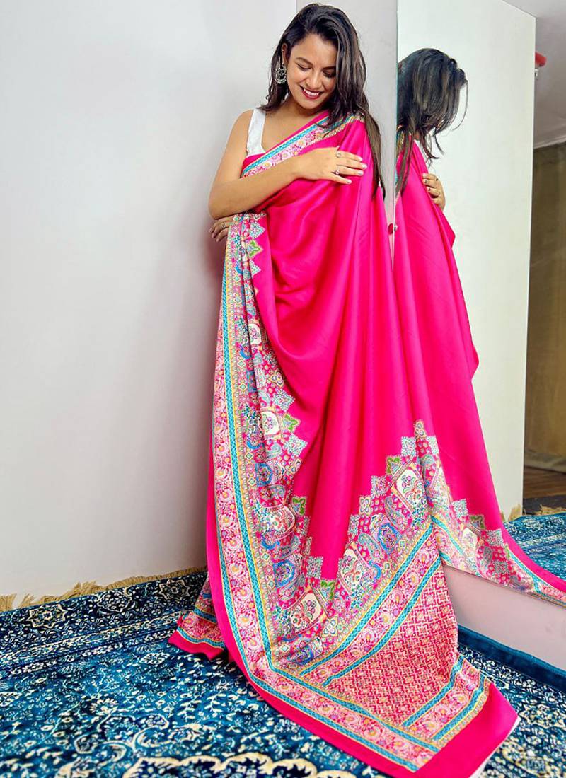 Magenta original japan devsena satin saree japan satin digital print blouse