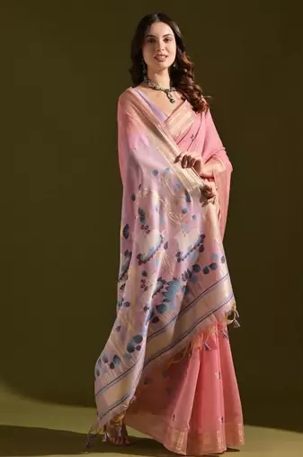 Pink color muga cotton colorfull resham weaving saree